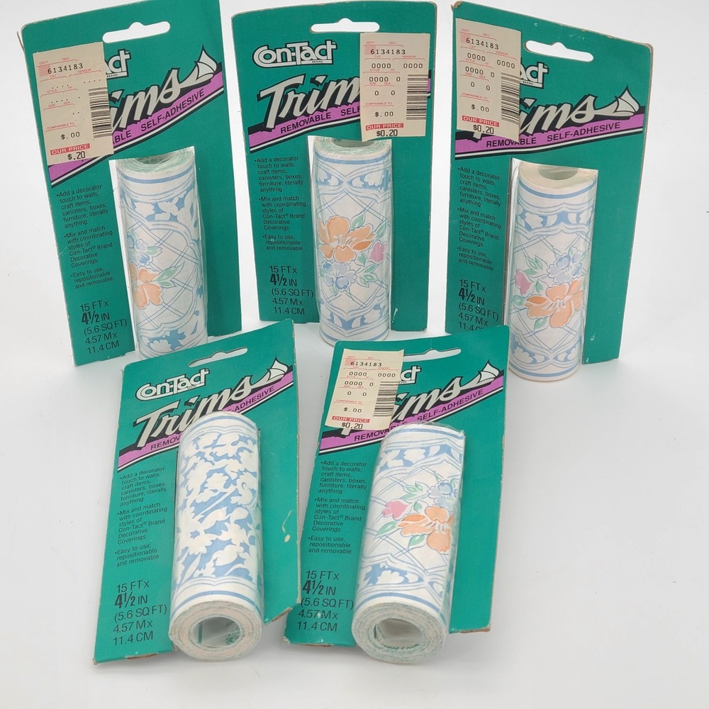 Lot of 5 VTG 1991 NEW Rubbermaid Contact Trims Paper Border Blue Floral 4.5"